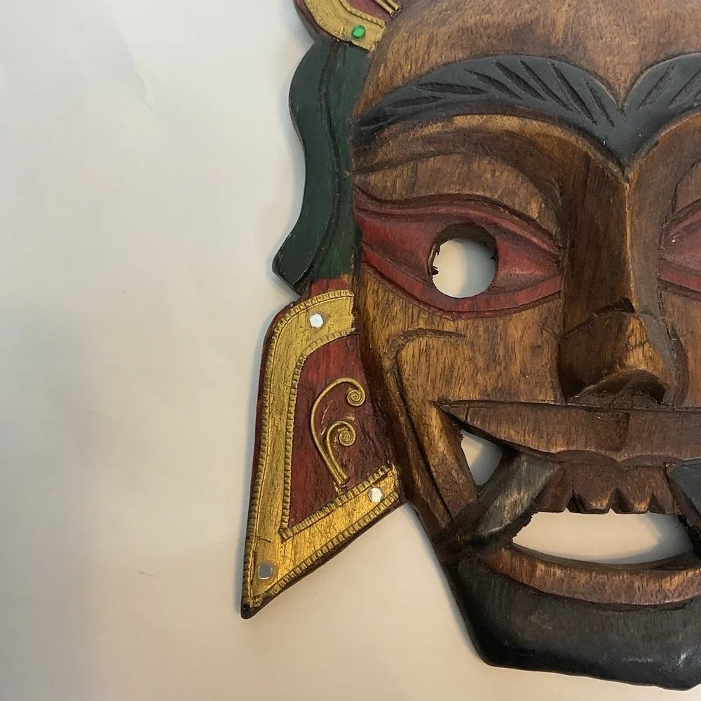 Vtg Hand Carved Wood Mask-Hand Carved & Painted-Decor - Rhinestones - 10 x 7 in.